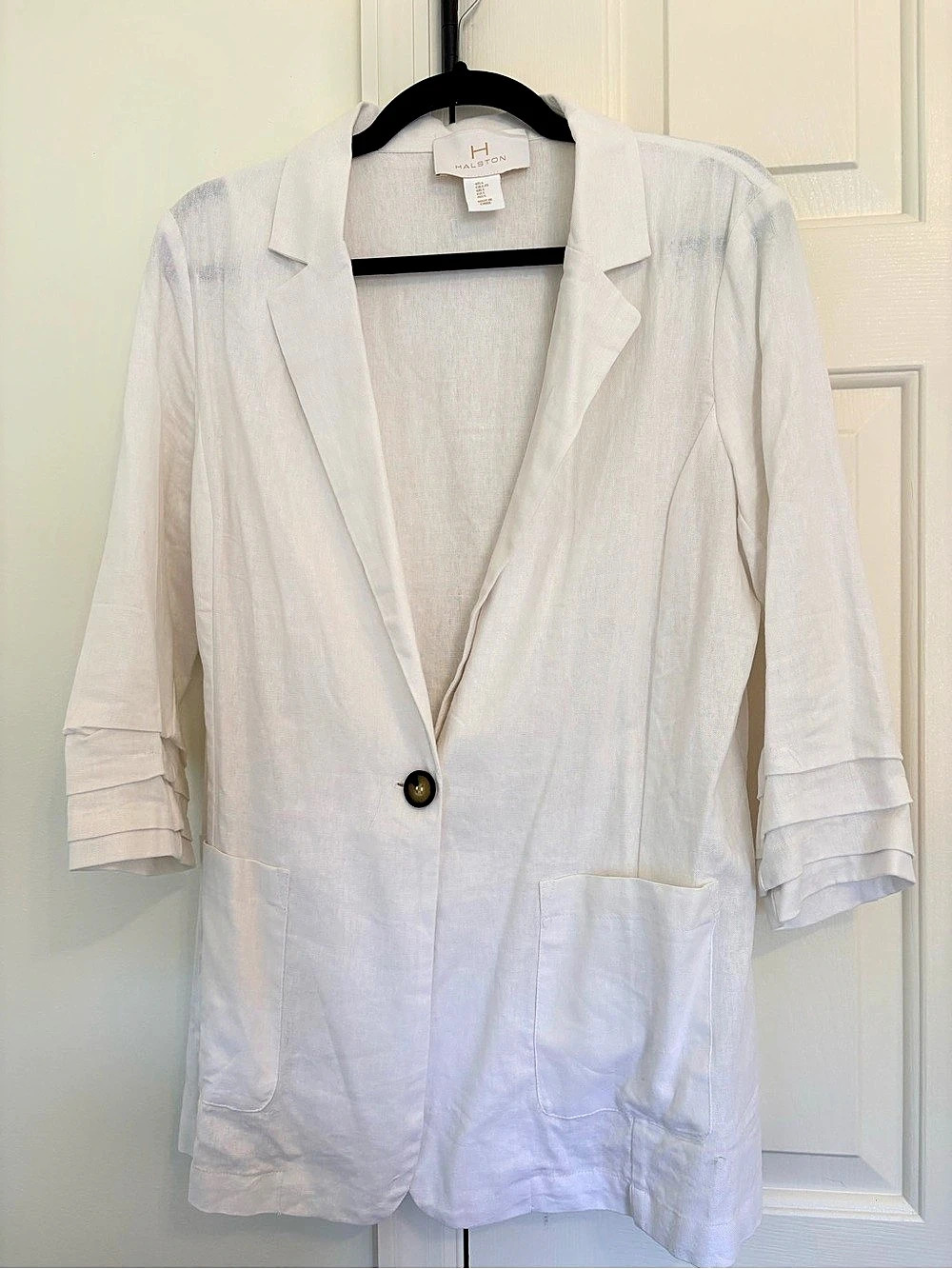 Halston Linen-Blend Single-Button Blazer with Tiered Ruffle Cuffs White Blazer